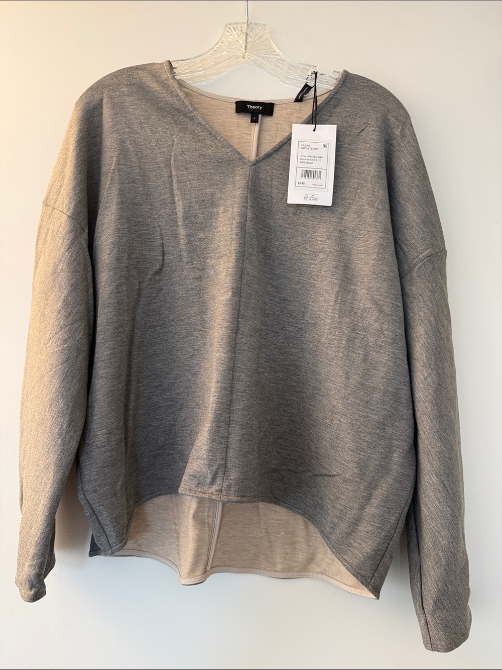 Theory Gray V-Neck Relaxed Pullover Sweatshirt - Size L